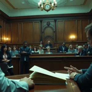 Courtroom setting with legal documents and citizens observing