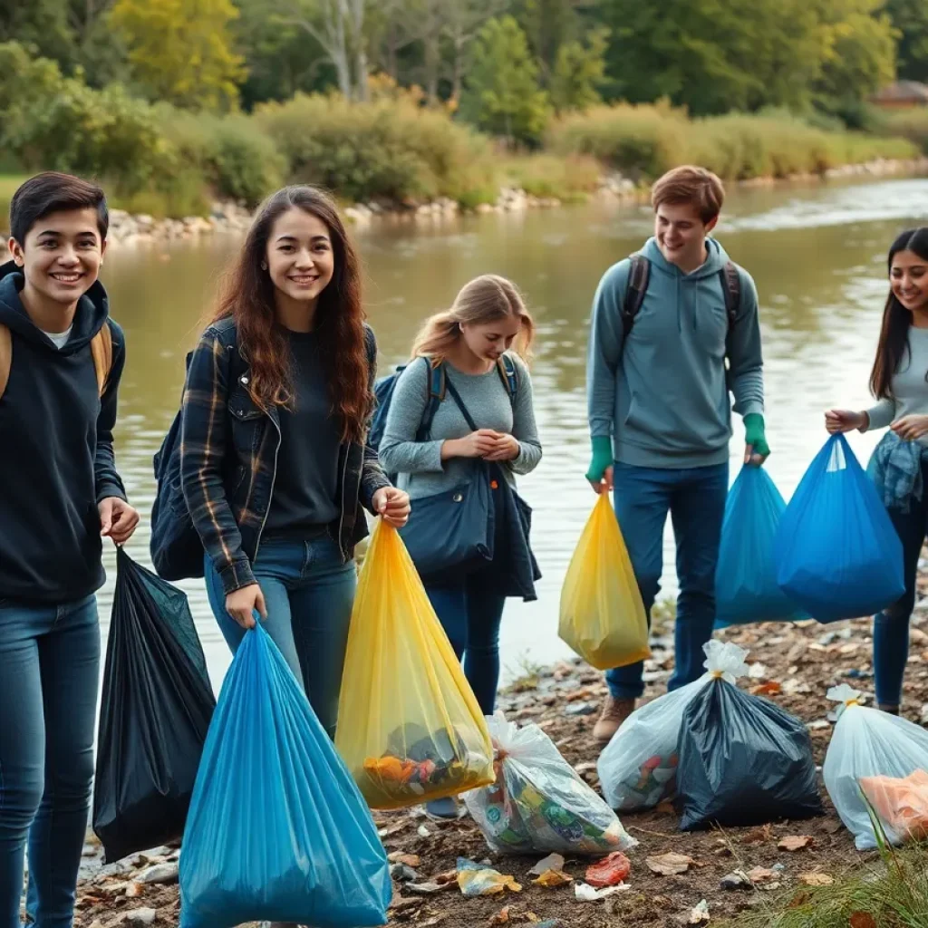 MSU students participating in a river clean-up along the Red Cedar River.