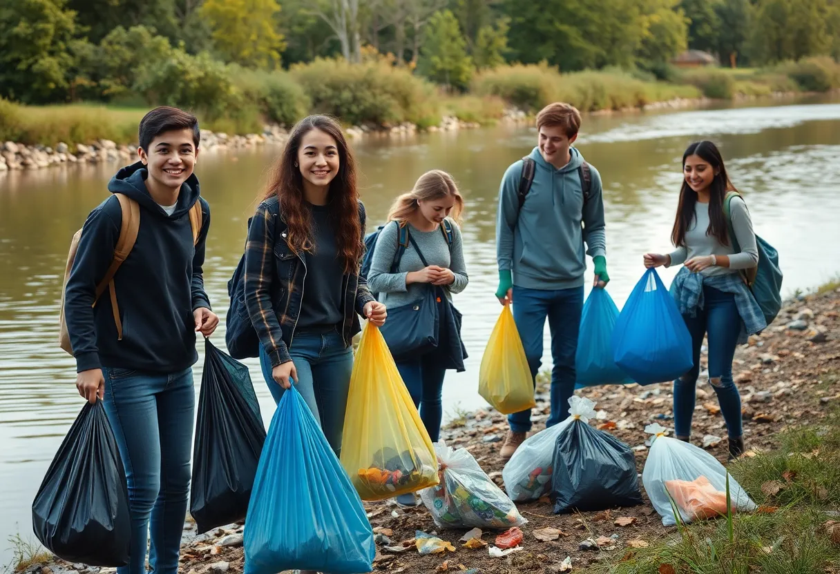 MSU students participating in a river clean-up along the Red Cedar River.