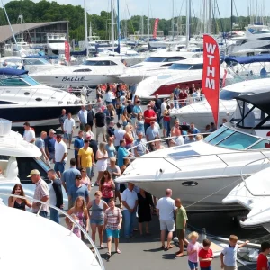 Families enjoying the Novi Boat Show featuring various boat displays.