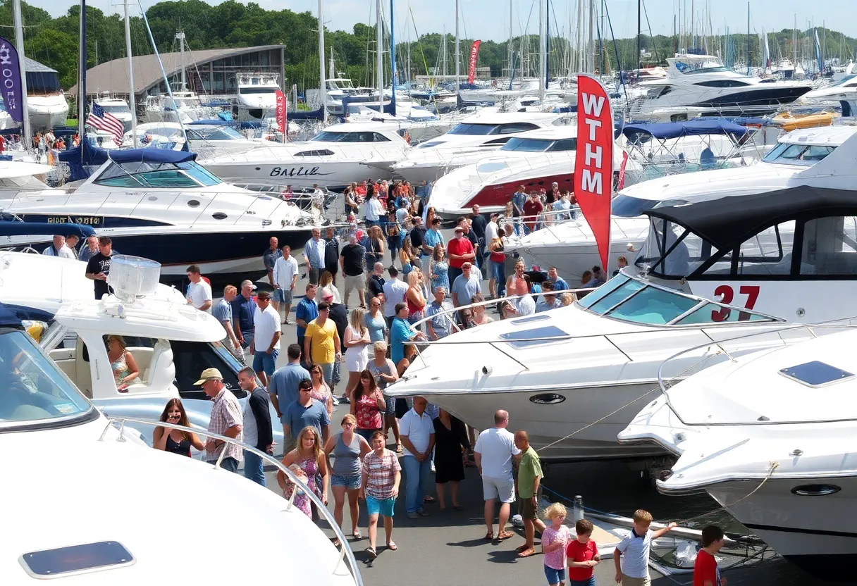 Families enjoying the Novi Boat Show featuring various boat displays.