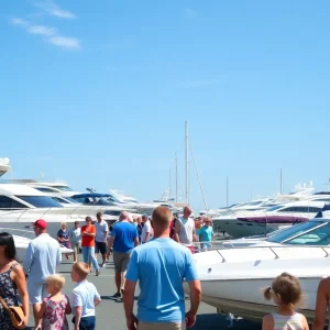 Families enjoying the Novi Boat Show with boats in the background