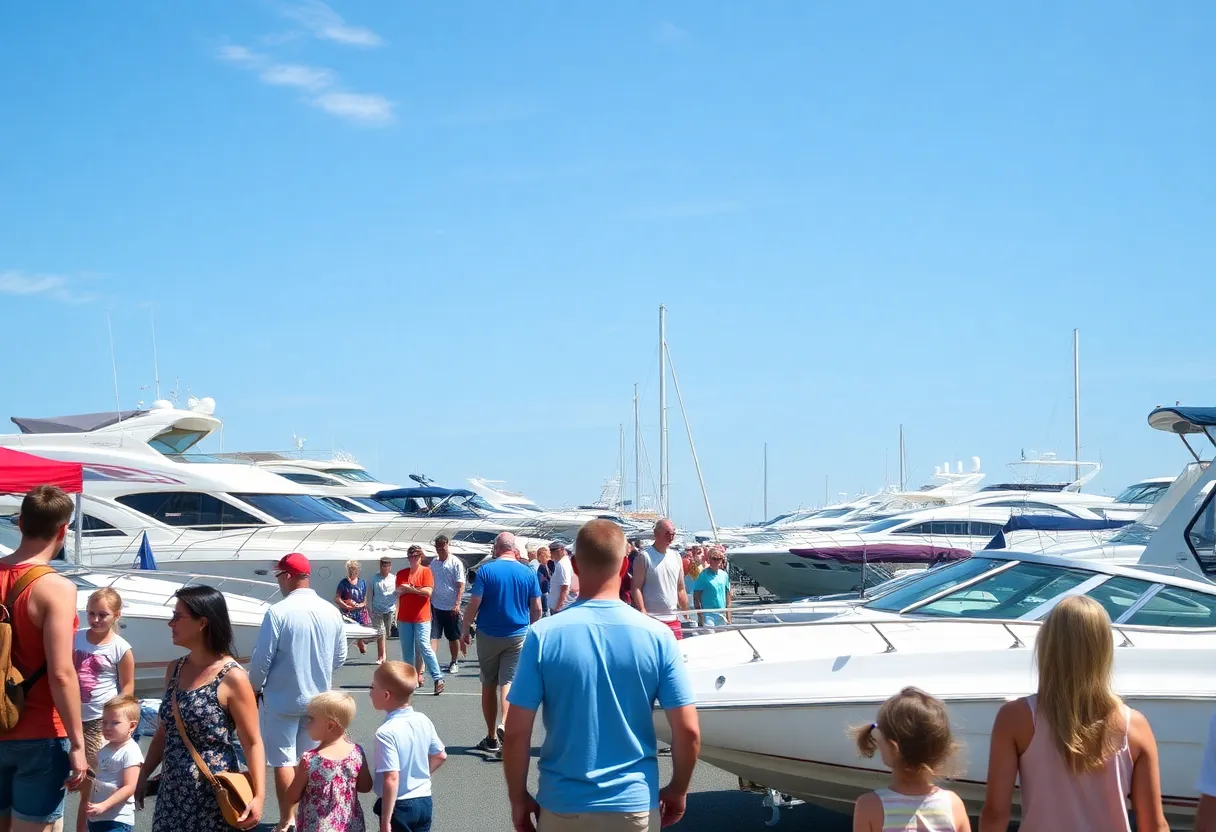 Families enjoying the Novi Boat Show with boats in the background