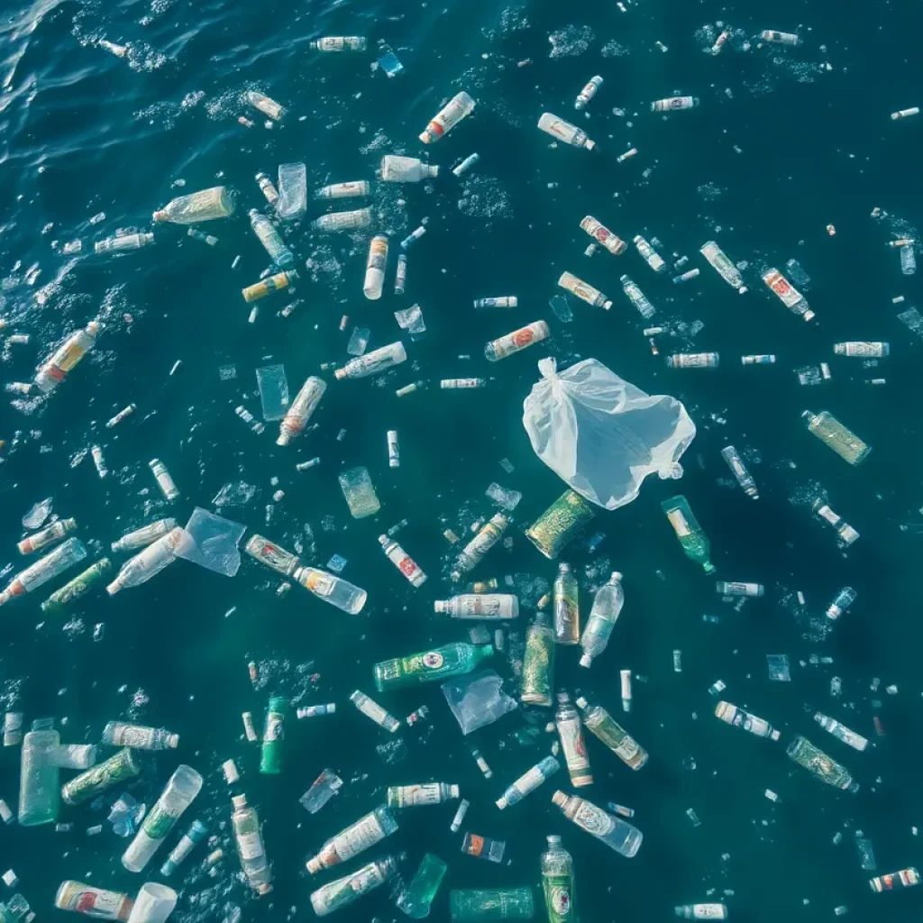 Ocean filled with plastic waste, showcasing environmental pollution