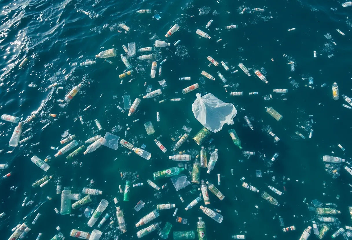 Ocean filled with plastic waste, showcasing environmental pollution