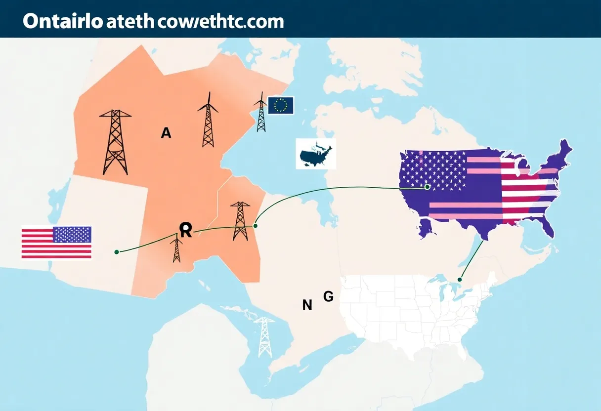 Map of Ontario showing electricity export routes to the U.S.