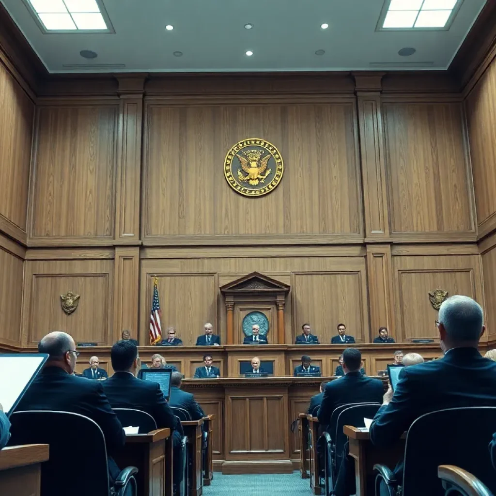 Courtroom scene depicting OpenAI and Elon Musk legal battle