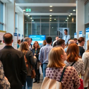 Conference attendees discussing clinical trials and patient engagement.