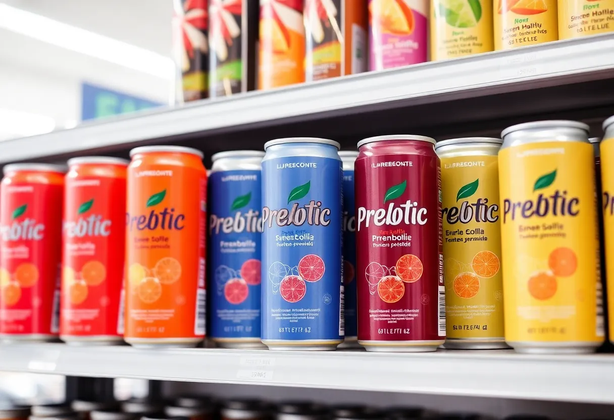 Colorful cans of Poppi prebiotic soda displayed on a shelf.