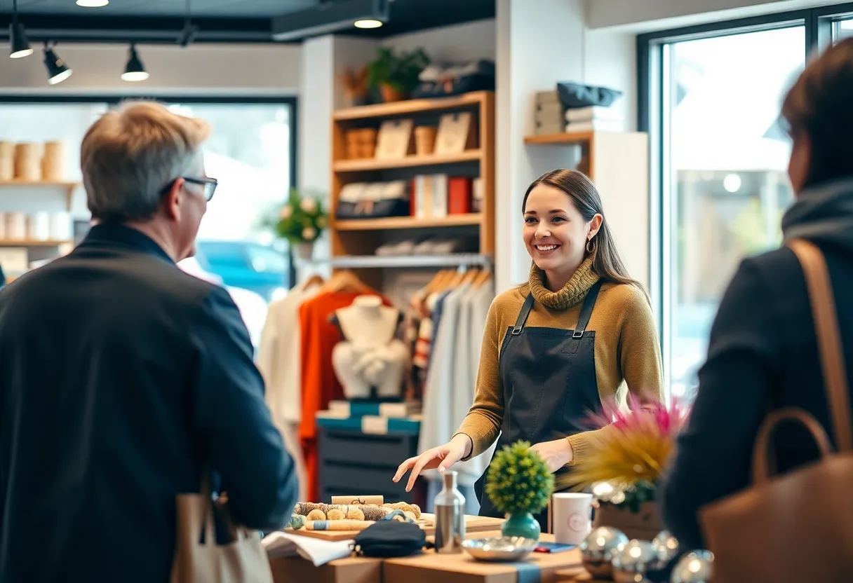 A shop assistant helping a customer in a friendly manner