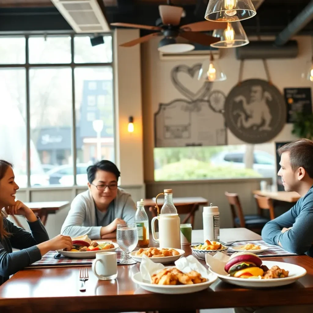 Interior of Plymouth Brunch House with families enjoying brunch