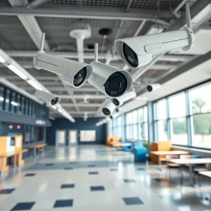 Surveillance cameras on a school campus