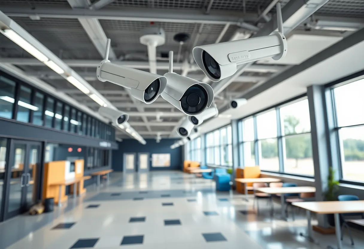 Surveillance cameras on a school campus