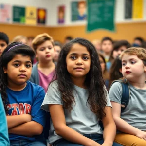 Eighth-grade student seated during school assembly protest