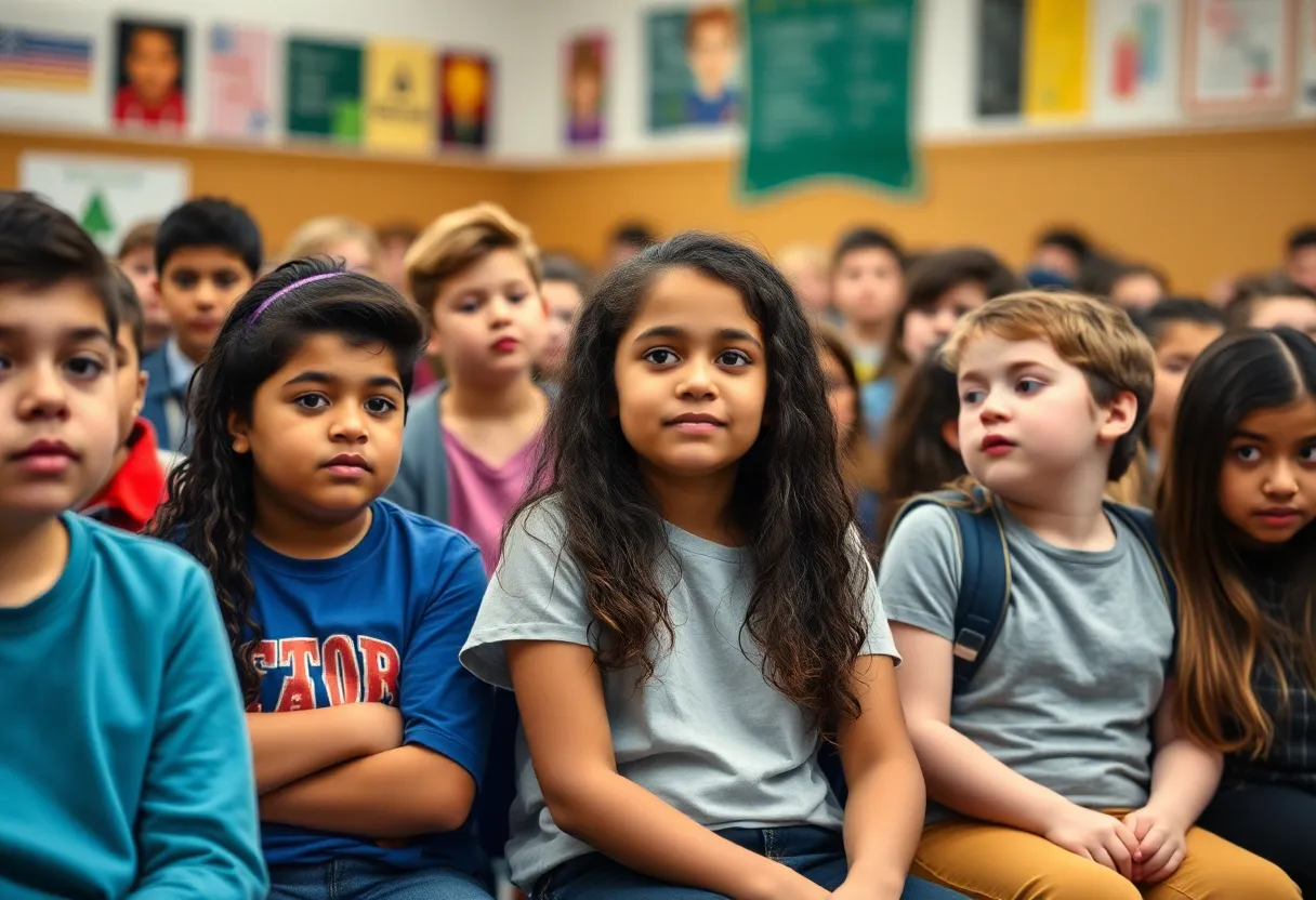 Eighth-grade student seated during school assembly protest