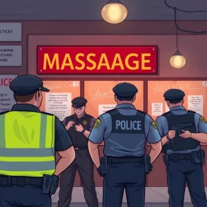 Law enforcement officers conducting a raid at a massage parlor