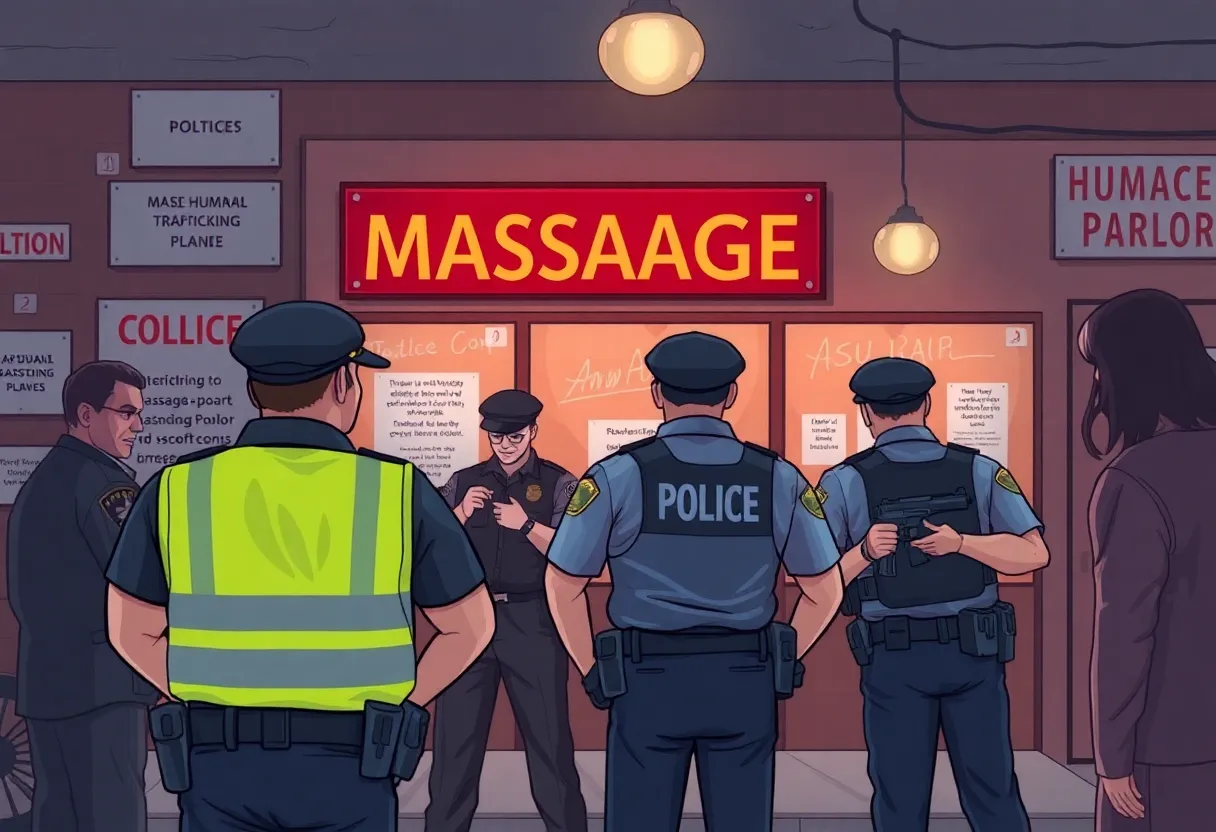 Law enforcement officers conducting a raid at a massage parlor