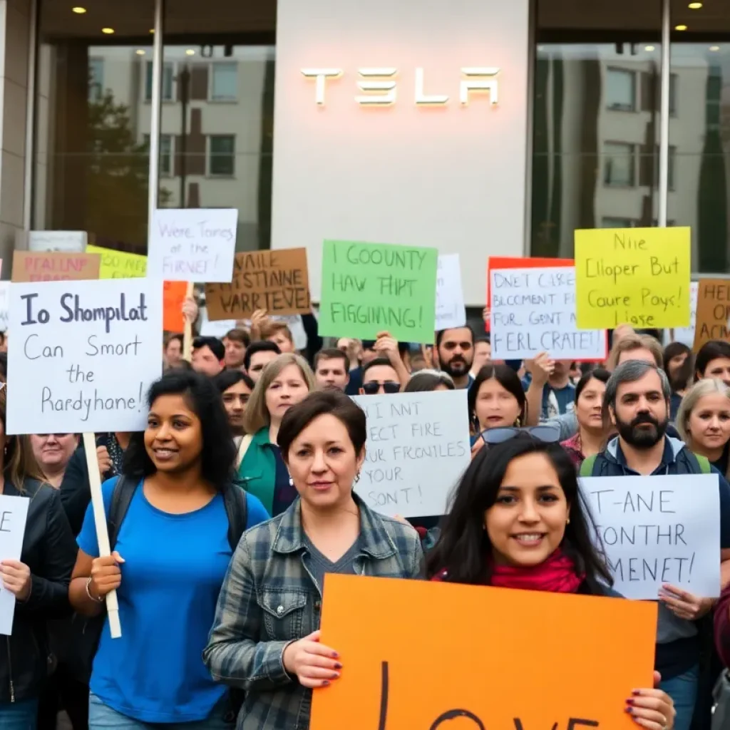 Demonstrators protesting outside a Tesla showroom in Manhattan.