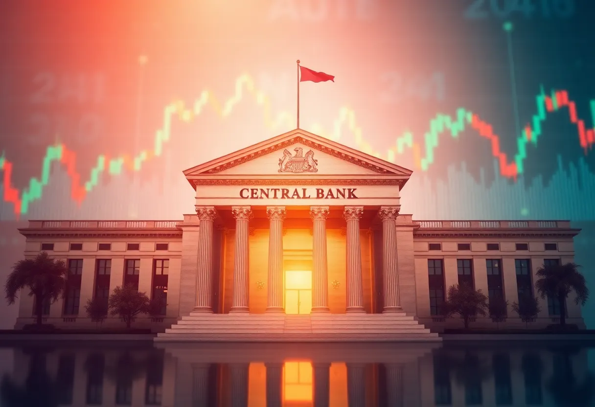 Abstract representation of a central bank's building with economic charts