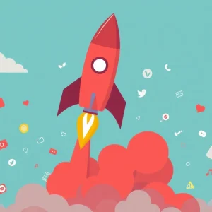 Illustration depicting Reddit's advertising revenue growth with a rocket and social media icons.