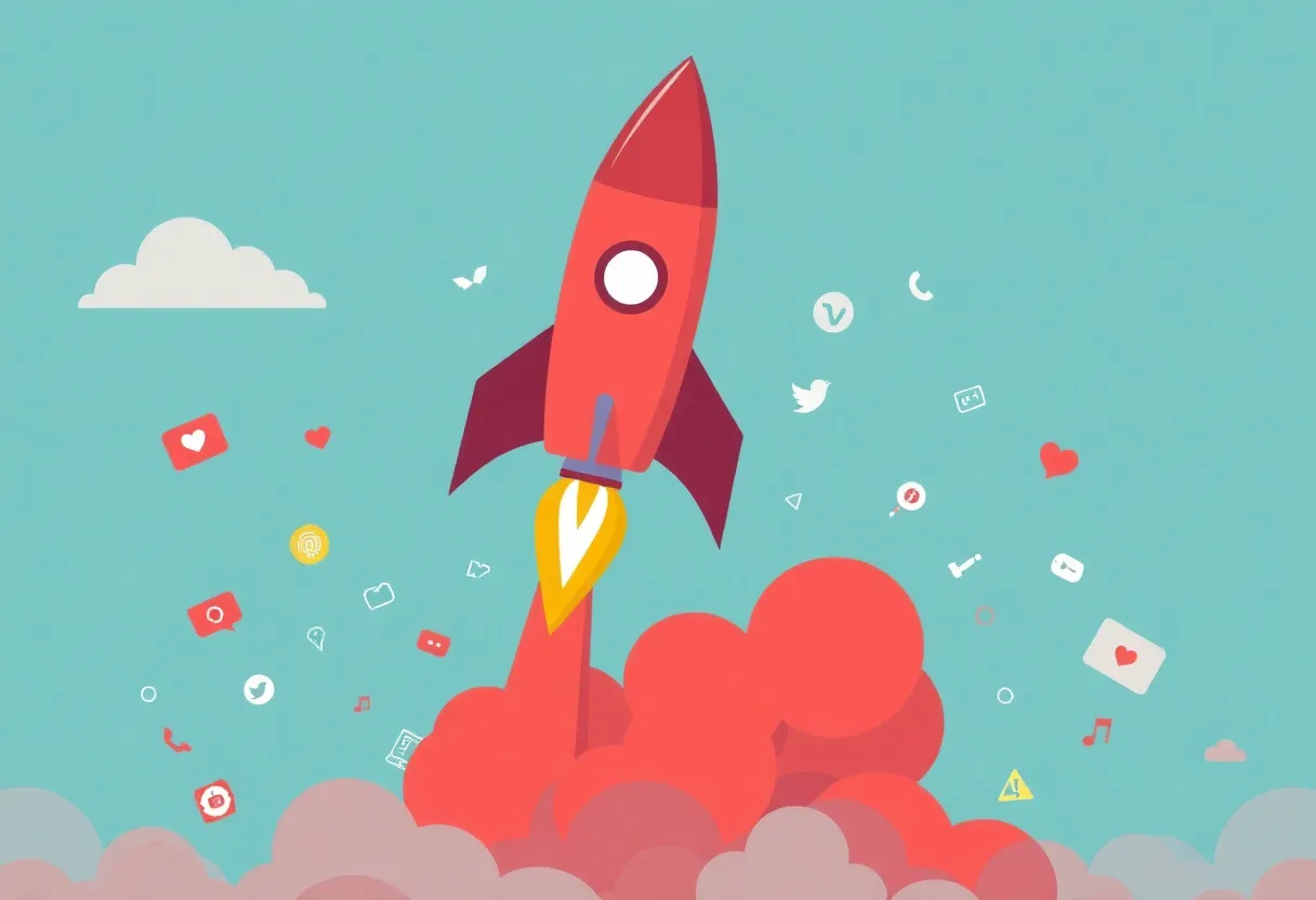 Illustration depicting Reddit's advertising revenue growth with a rocket and social media icons.