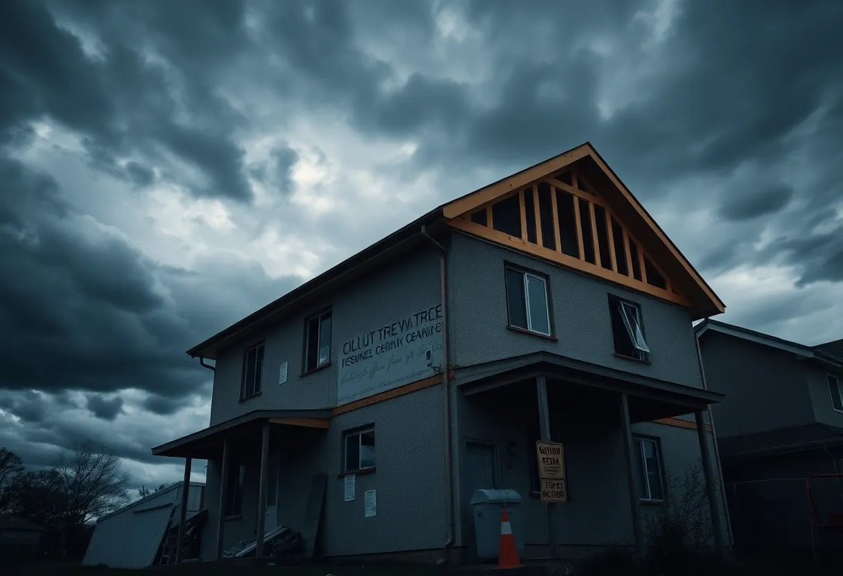 House undergoing renovation with legal concerns in view.