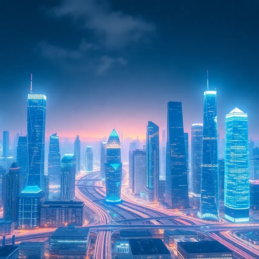 Illustration of a futuristic city emphasizing AI advancements and digital transformation.