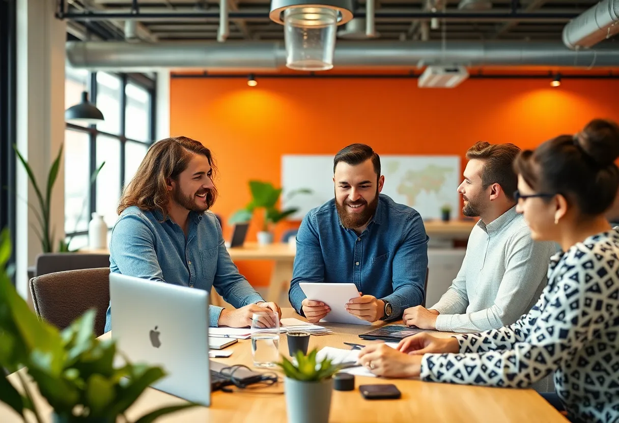 Small business owners collaborating in a modern office.