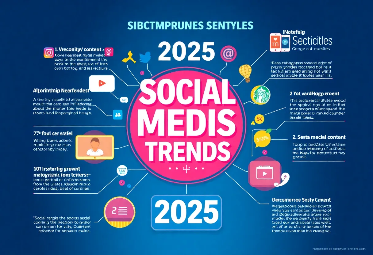 Infographic summarizing 2025 social media trends, features video content popularity and the influence of algorithms.