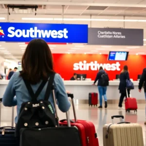 Travelers checking in luggage at a Southwest Airlines counter