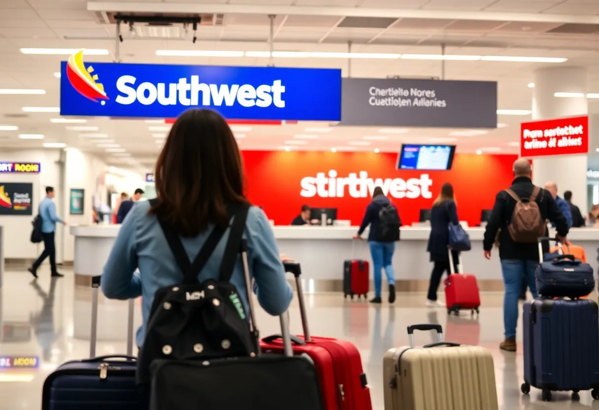 Travelers checking in luggage at a Southwest Airlines counter