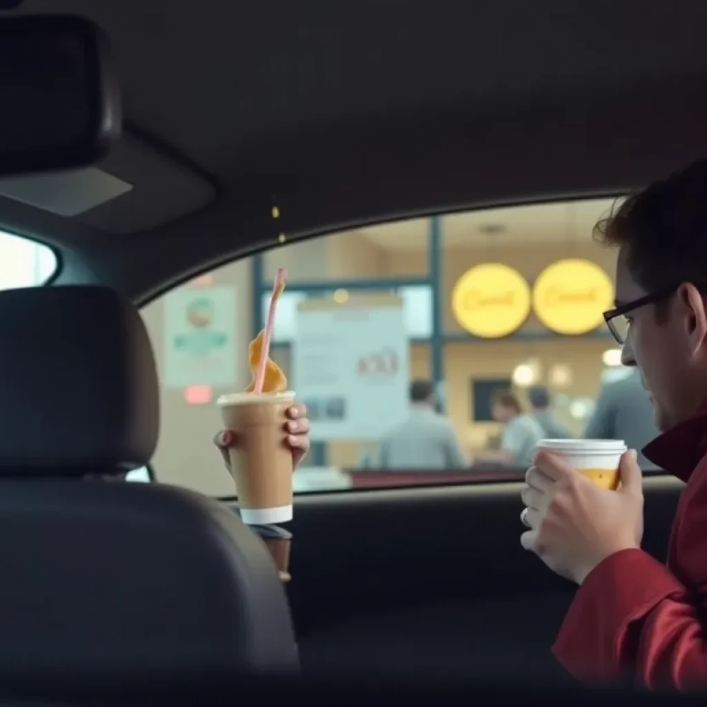 Drive-through of a coffee shop with a spilled drink and concerned surroundings