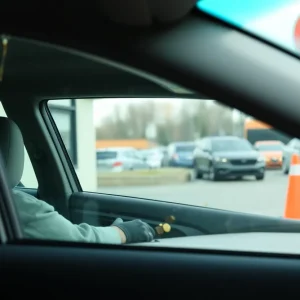 Drive-through coffee shop scene illustrating a spill from a hot drink and safety measures