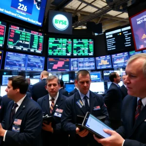 Traders reacting to news about new tariffs on a stock market trading floor.