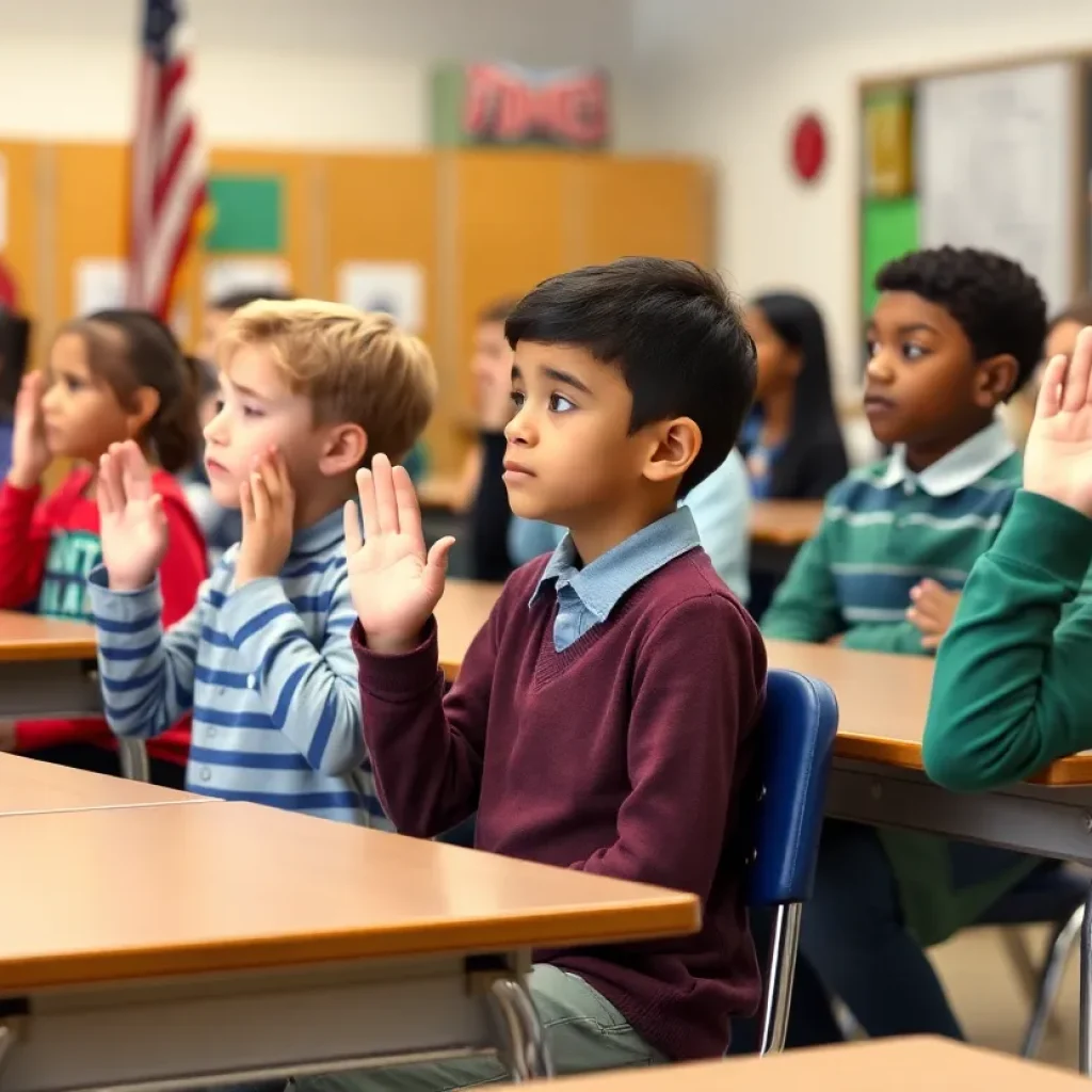 Students in a classroom engaged during the Pledge of Allegiance