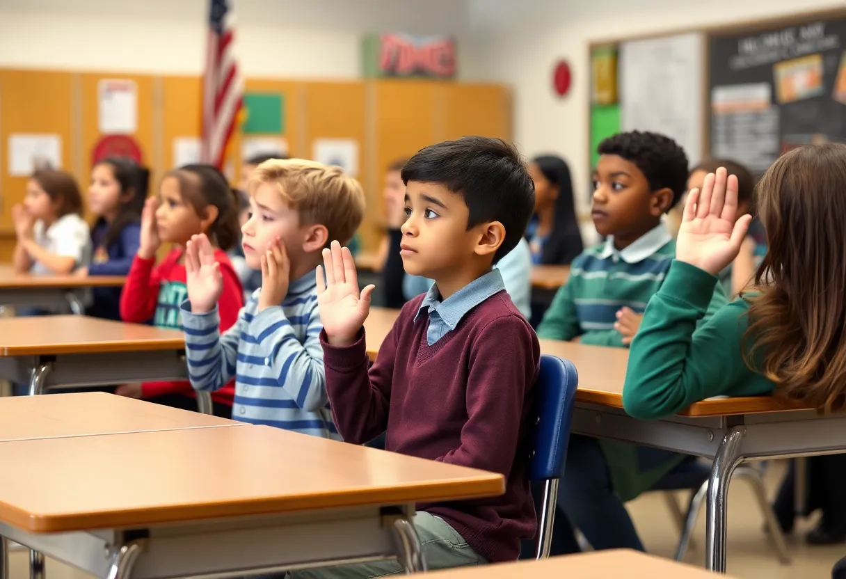 Students in a classroom engaged during the Pledge of Allegiance