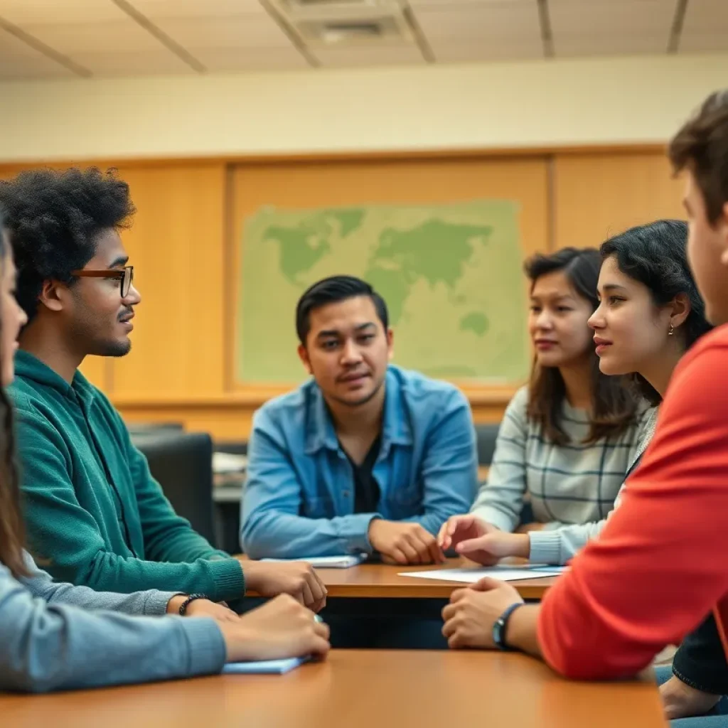 Students of various backgrounds discussing gender identity in a classroom setting.