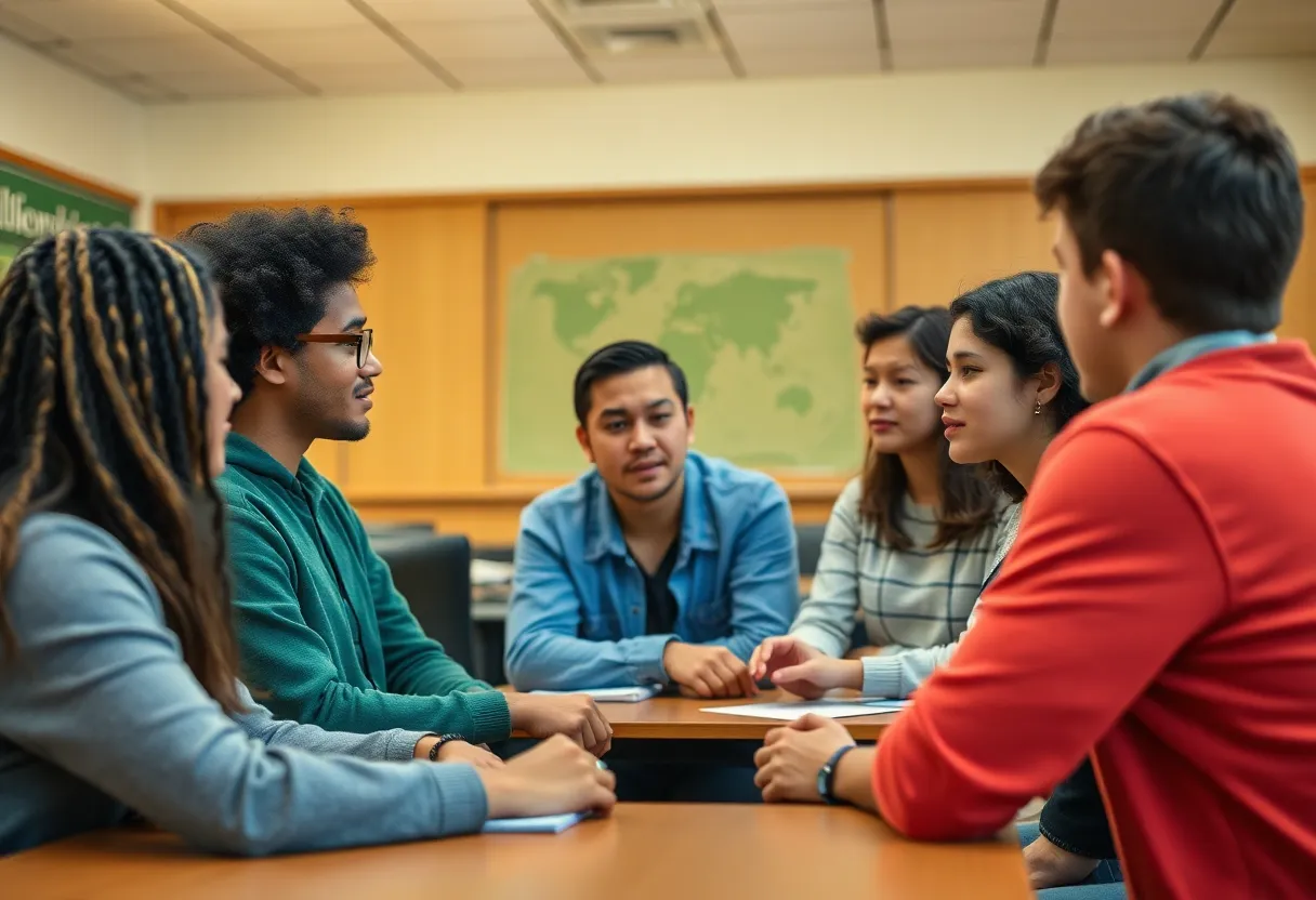 Students of various backgrounds discussing gender identity in a classroom setting.