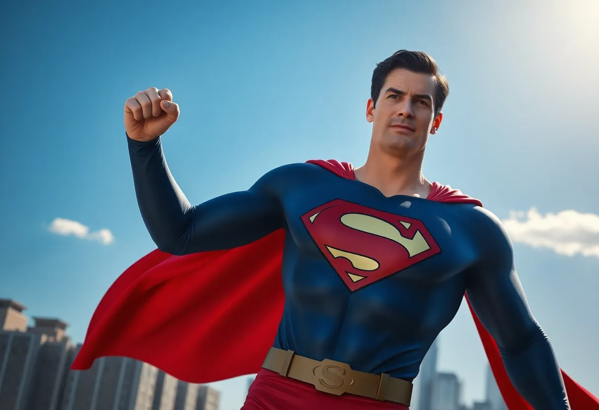 Concept art of Superman standing heroically in a city