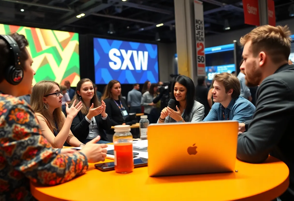 A group of influencers engaged in discussions at SXSW 2023 about influencer marketing.