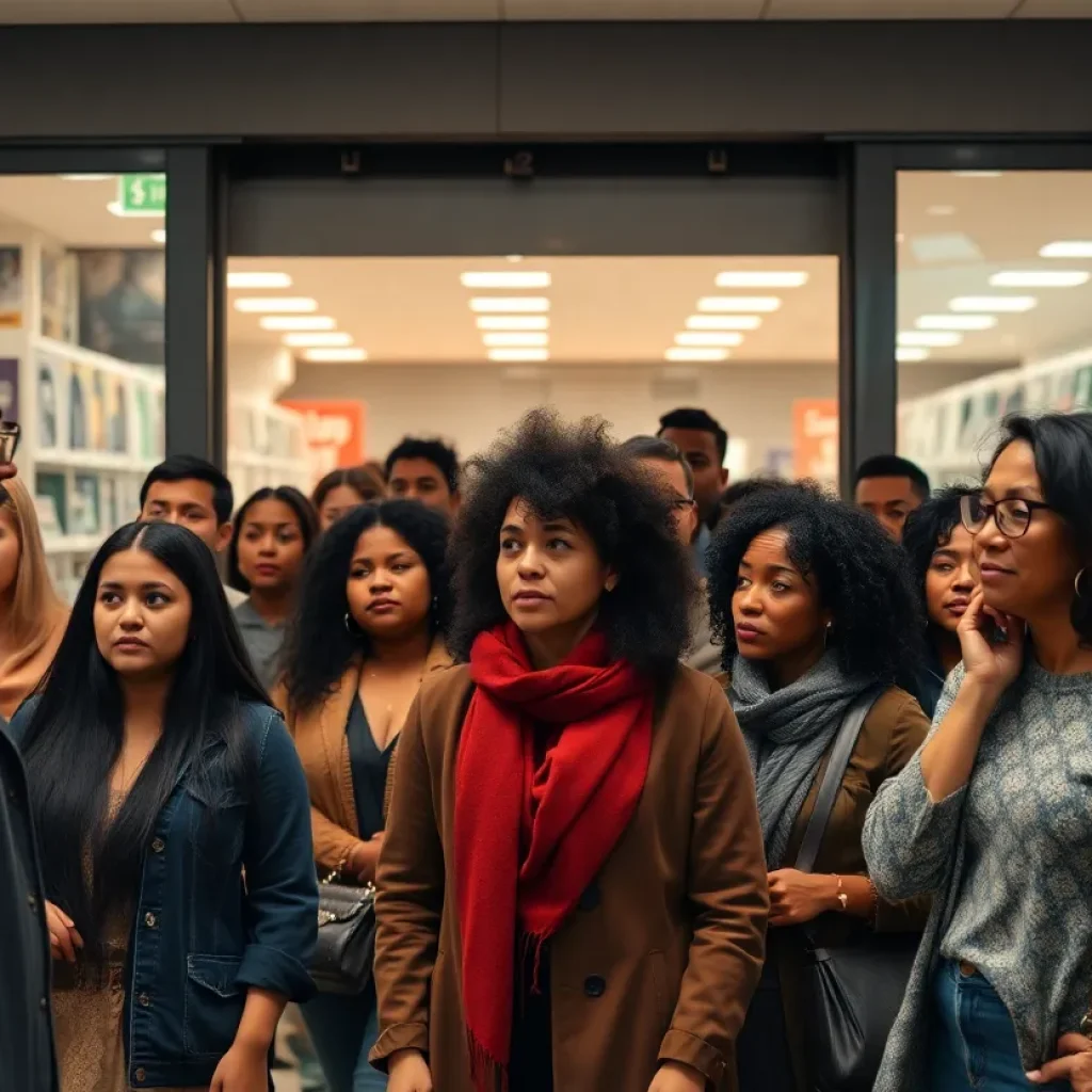 A diverse group of customers at a retail store entrance looking concerned