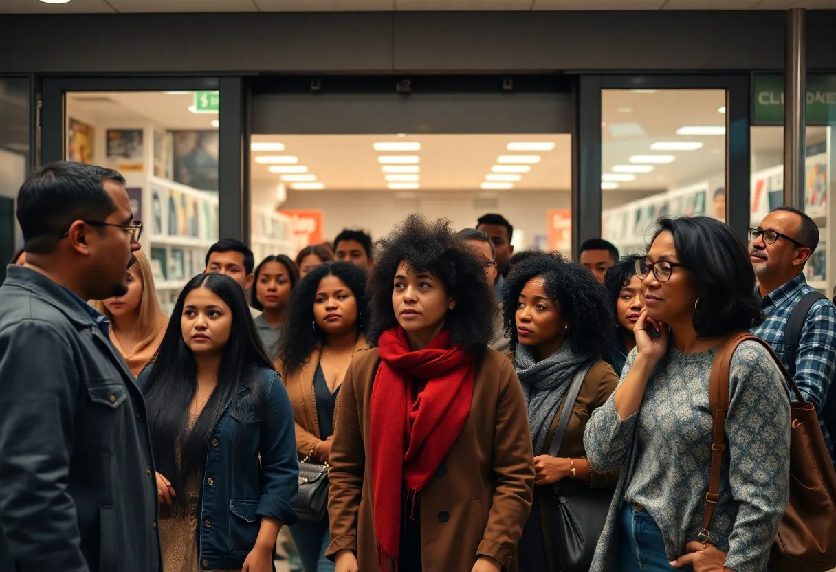 A diverse group of customers at a retail store entrance looking concerned