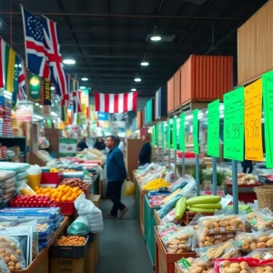 Marketplace showcasing increasing prices on imported goods due to tariffs