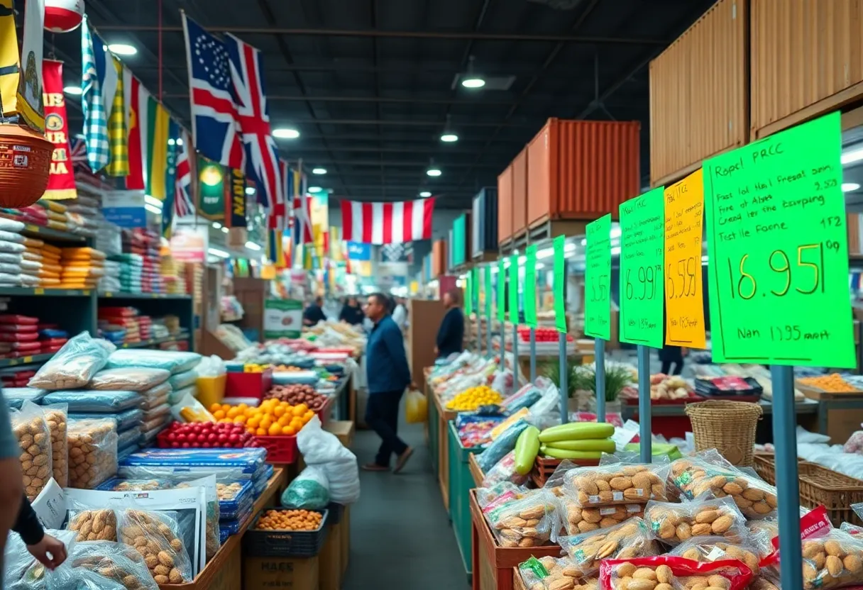 Marketplace showcasing increasing prices on imported goods due to tariffs