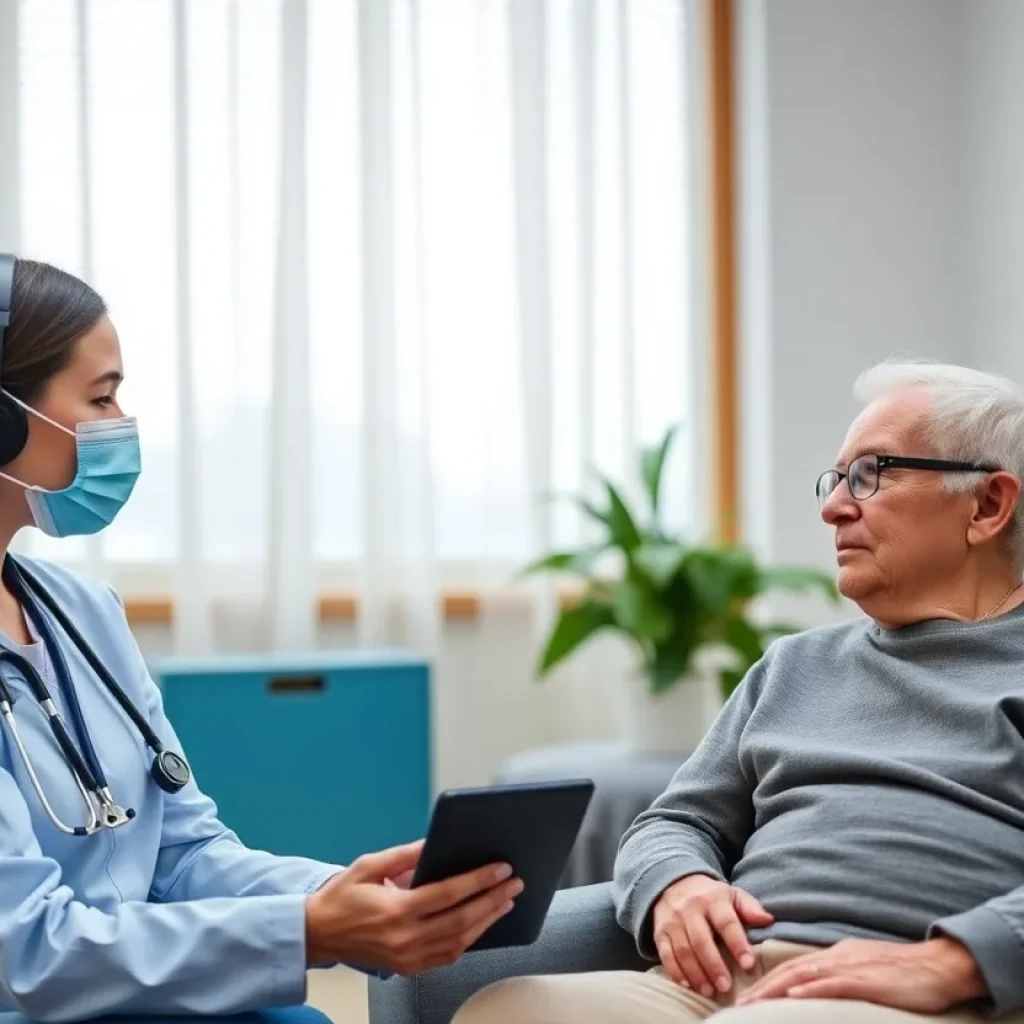 Healthcare professional assisting a senior patient through telehealth