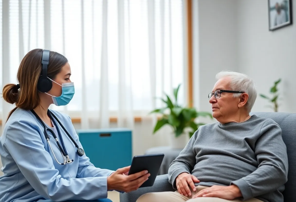 Healthcare professional assisting a senior patient through telehealth