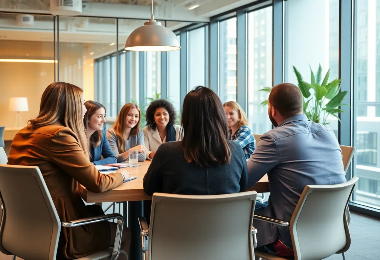 Tesla employees in a corporate meeting discussing strategies.