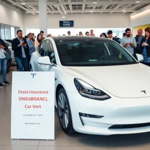 Tesla Model 3 in a showroom promoting insurance subsidy