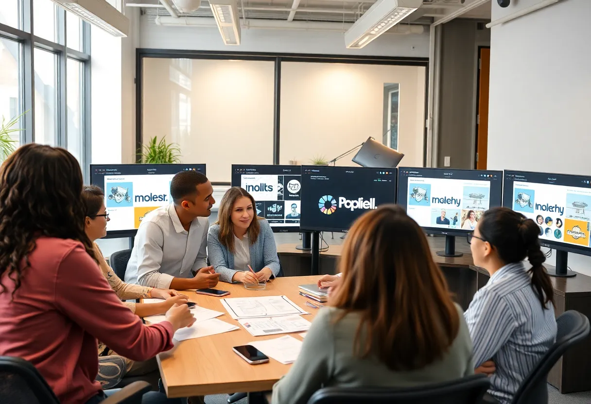 Team brainstorming for digital branding strategies in a modern office.