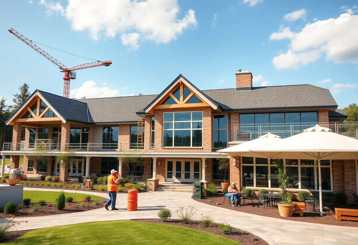 Rendering of the renovated Travis Pointe Country Club featuring modern architecture and expanded outdoor areas.